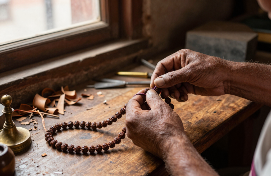 Hand-knotting a Rudraksha mala